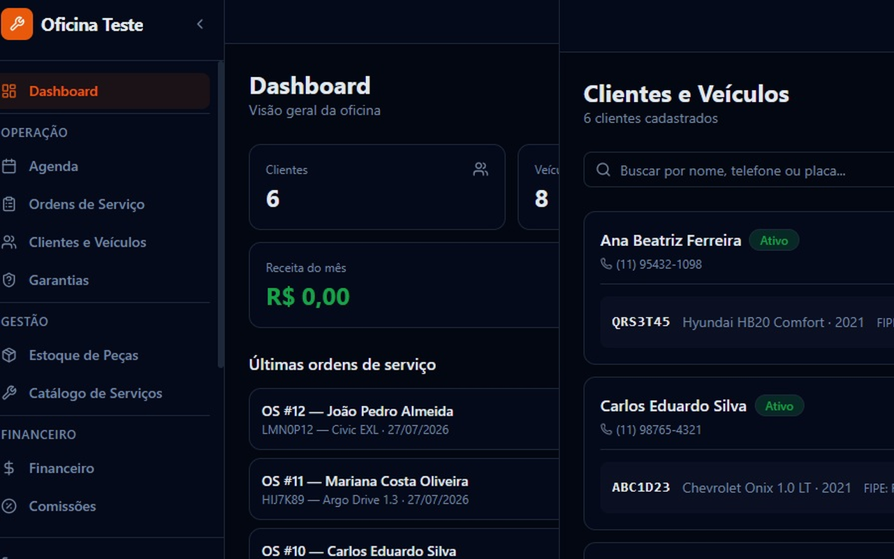 Telas do painel do AutoFlow: dashboard da oficina e lista de clientes e veículos