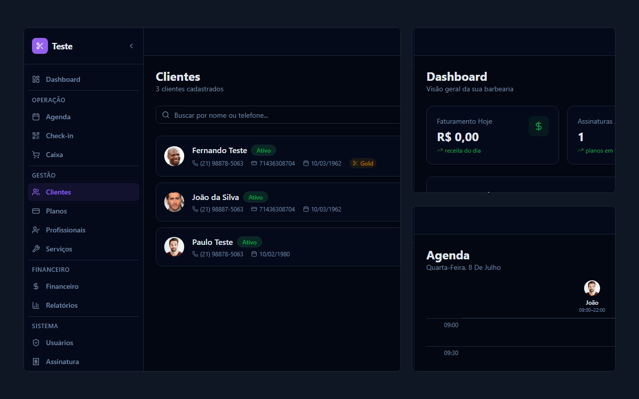 Telas do painel do BarberFlow: clientes, dashboard e agenda