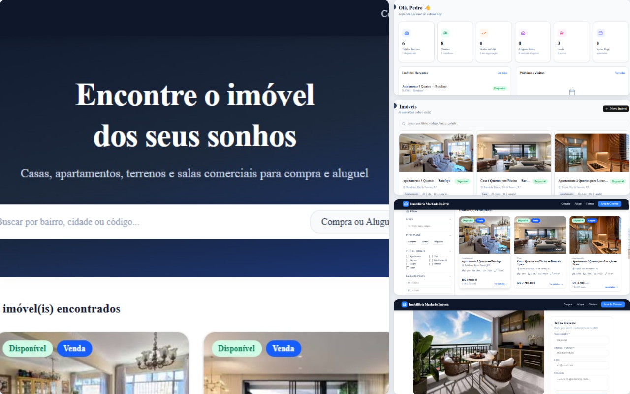 Telas do Sistema Imobiliário: portal público de busca, dashboard administrativo, imóveis cadastrados e página de imóvel